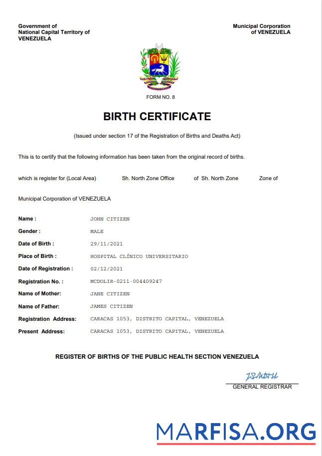 Printable Venezuela vital record birth certificate Word and PDF template